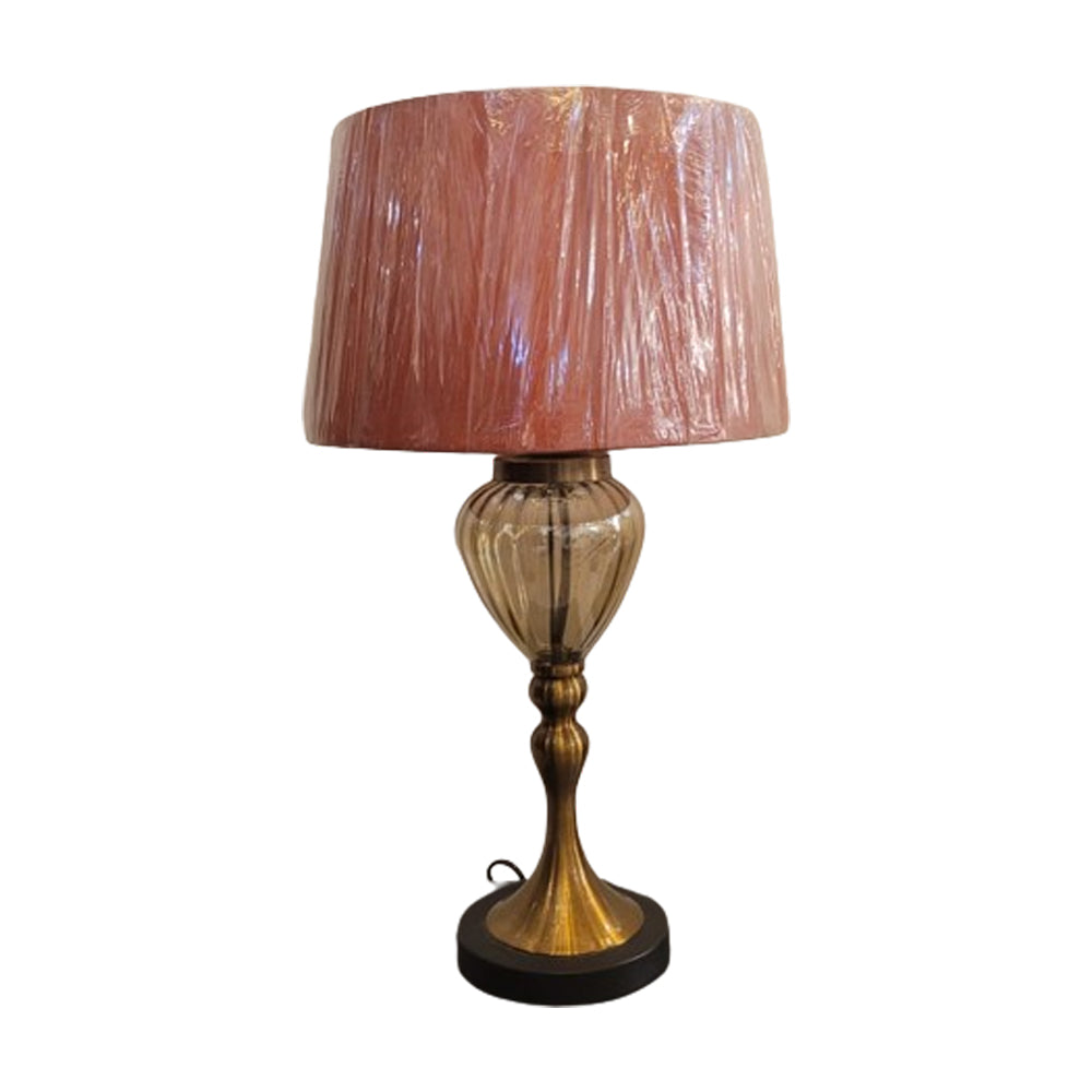 Vintage-Inspired Table Lamp with Amber Glass Base and Rose Pink Shade