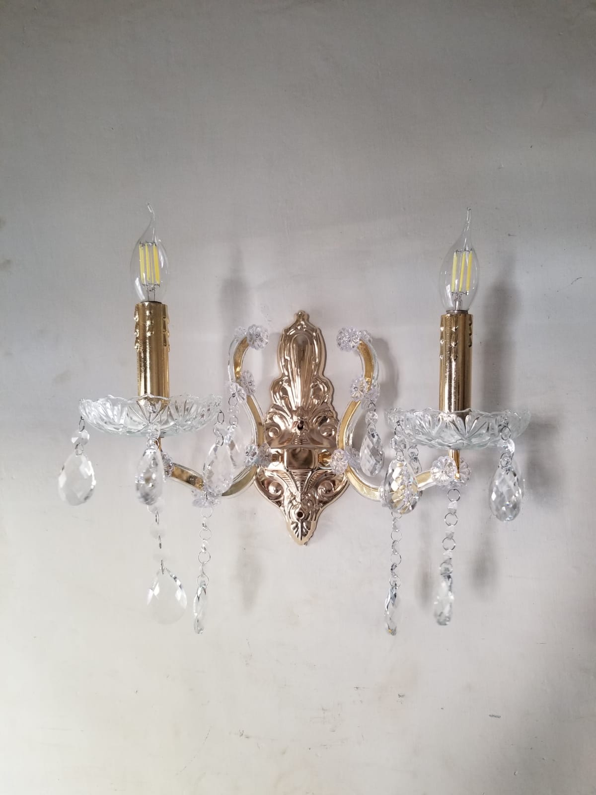 Double Arm Classic Wall Sconce with Crystal Drops – Gold Finish