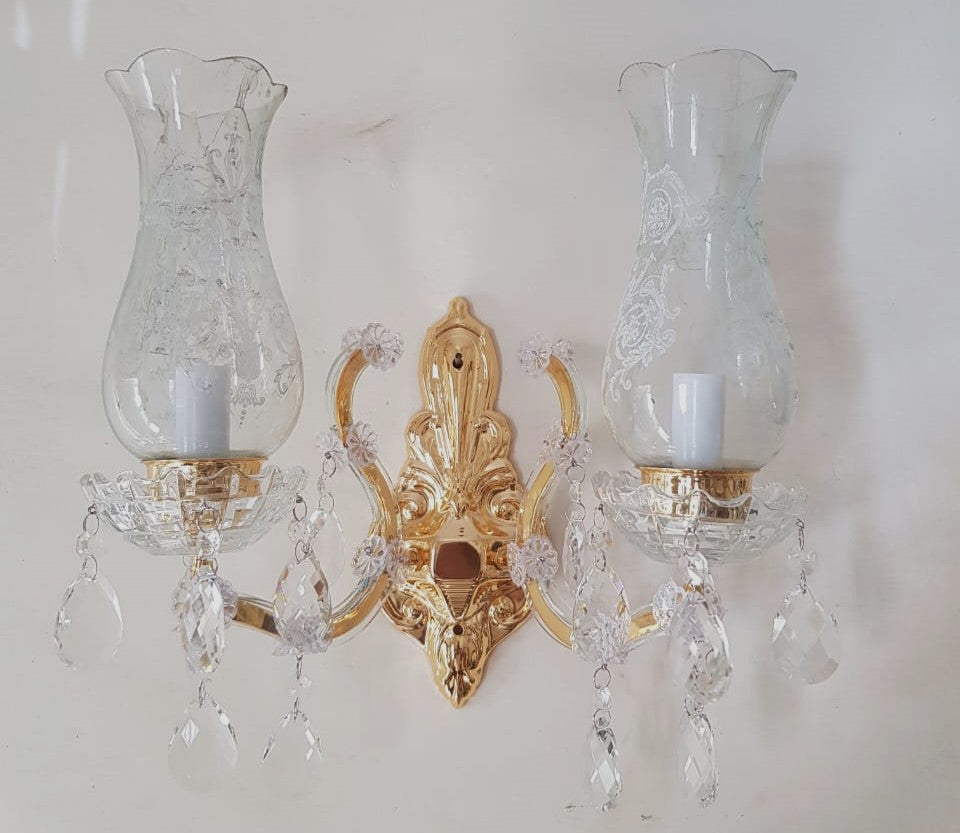 Vintage Double Arm Wall Sconce with Crystal Accents and Etched Glass Shades