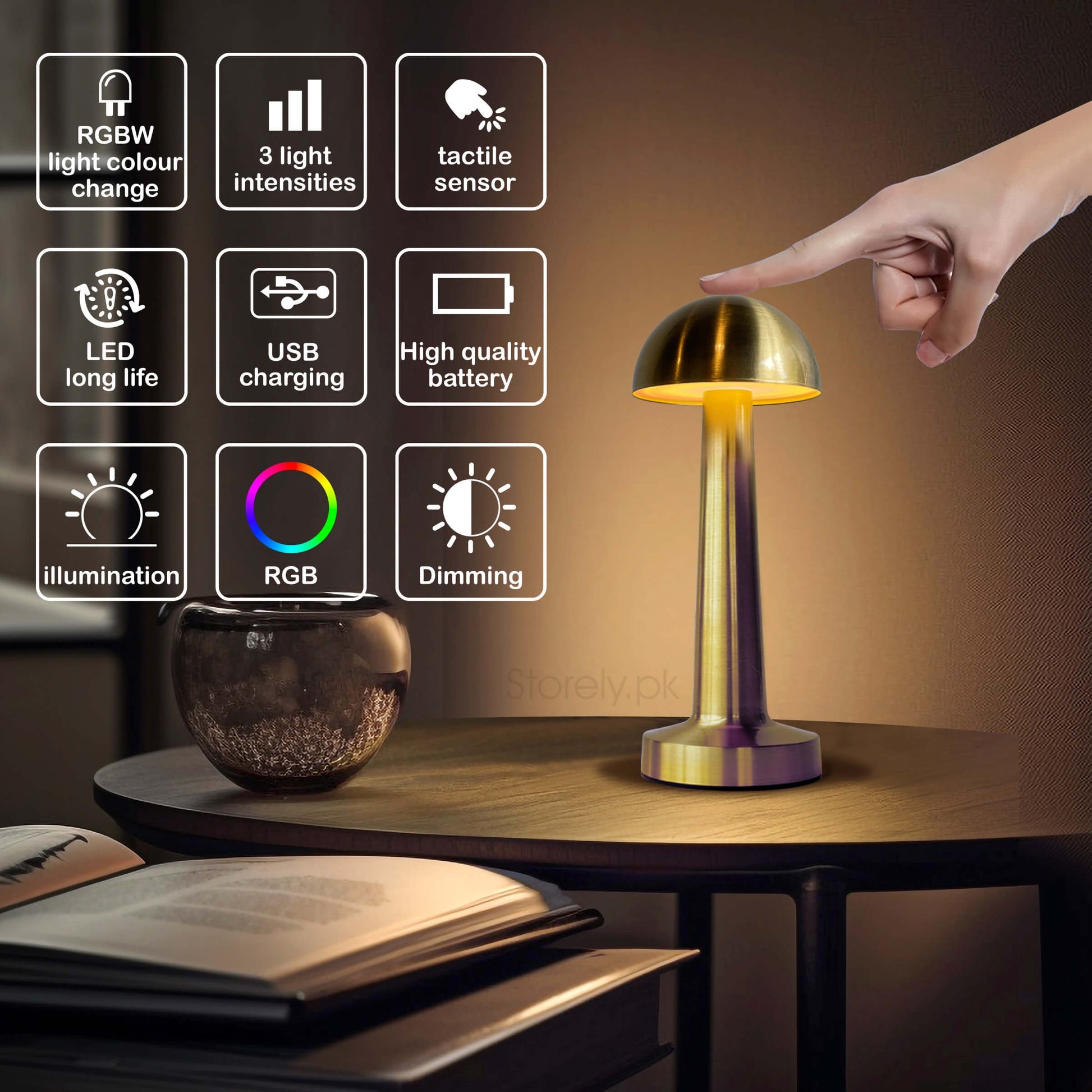 LED Modern Mushroom Table Lamp – Brushed Gold Finish