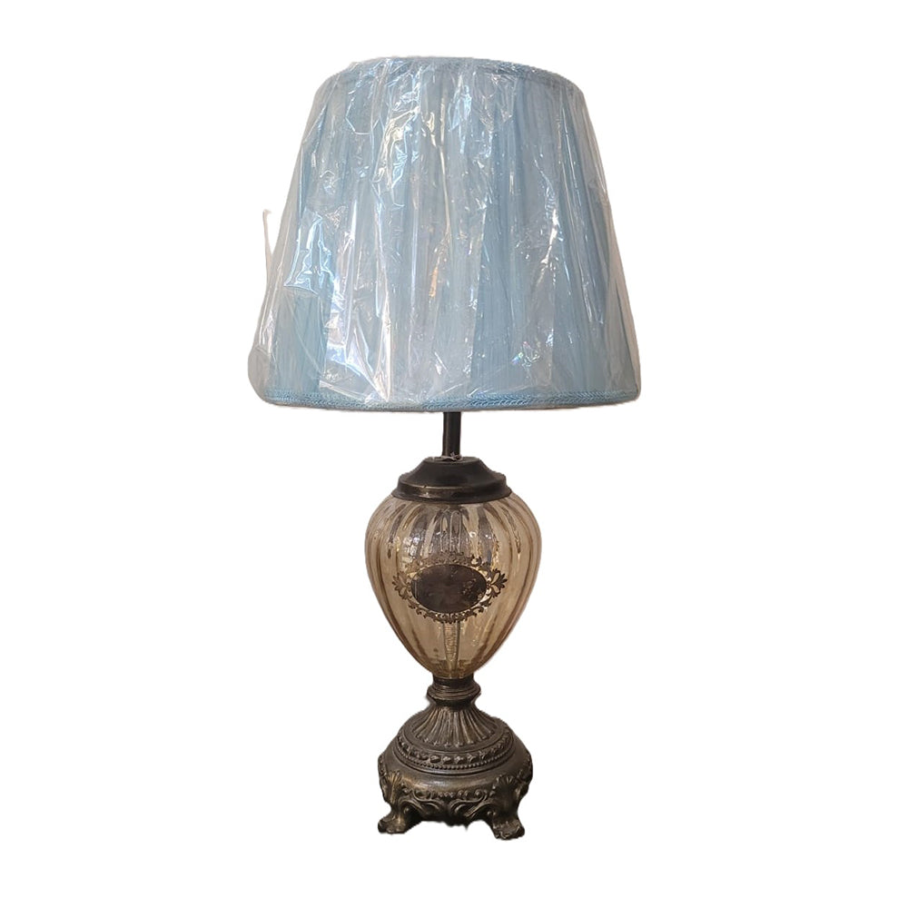 Vintage-Inspired Table Lamp with Decorative Glass Base and Blue Shade