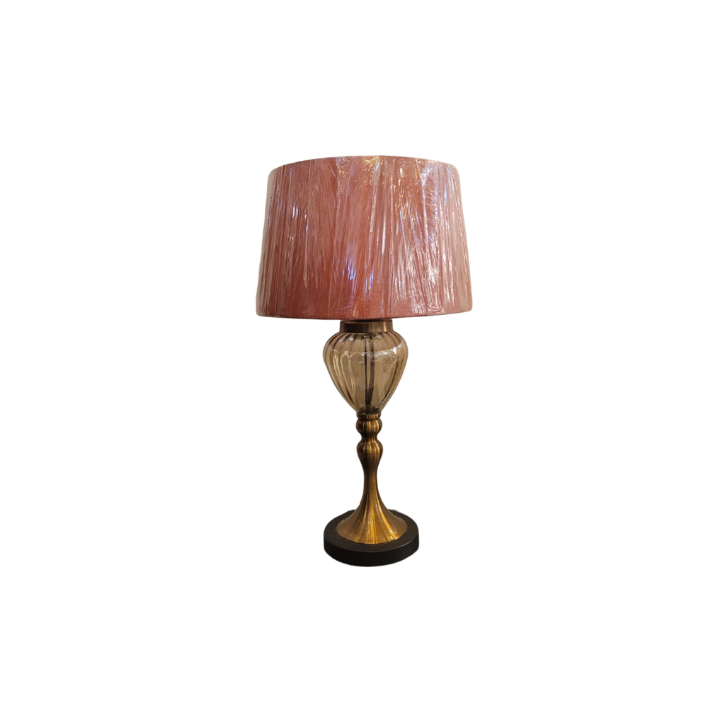 Vintage-Inspired Table Lamp with Amber Glass Base and Rose Pink Shade