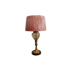 Vintage-Inspired Table Lamp with Amber Glass Base and Rose Pink Shade