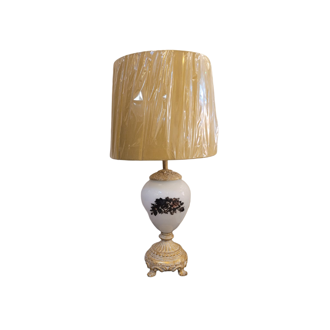 Vintage Aluminum &amp; Glass Table Lamp with Ornate Base and Golden Shade